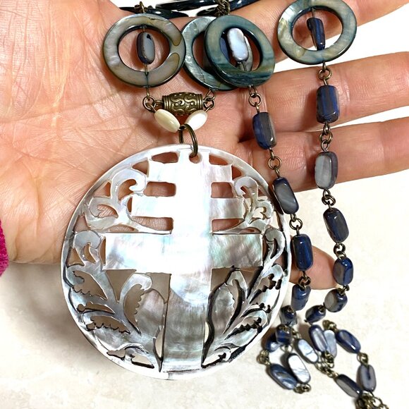 Rainbow Mother of Pearl Longevity Life Tree Pendant Bronze Link Long Necklace - Picture 12 of 12